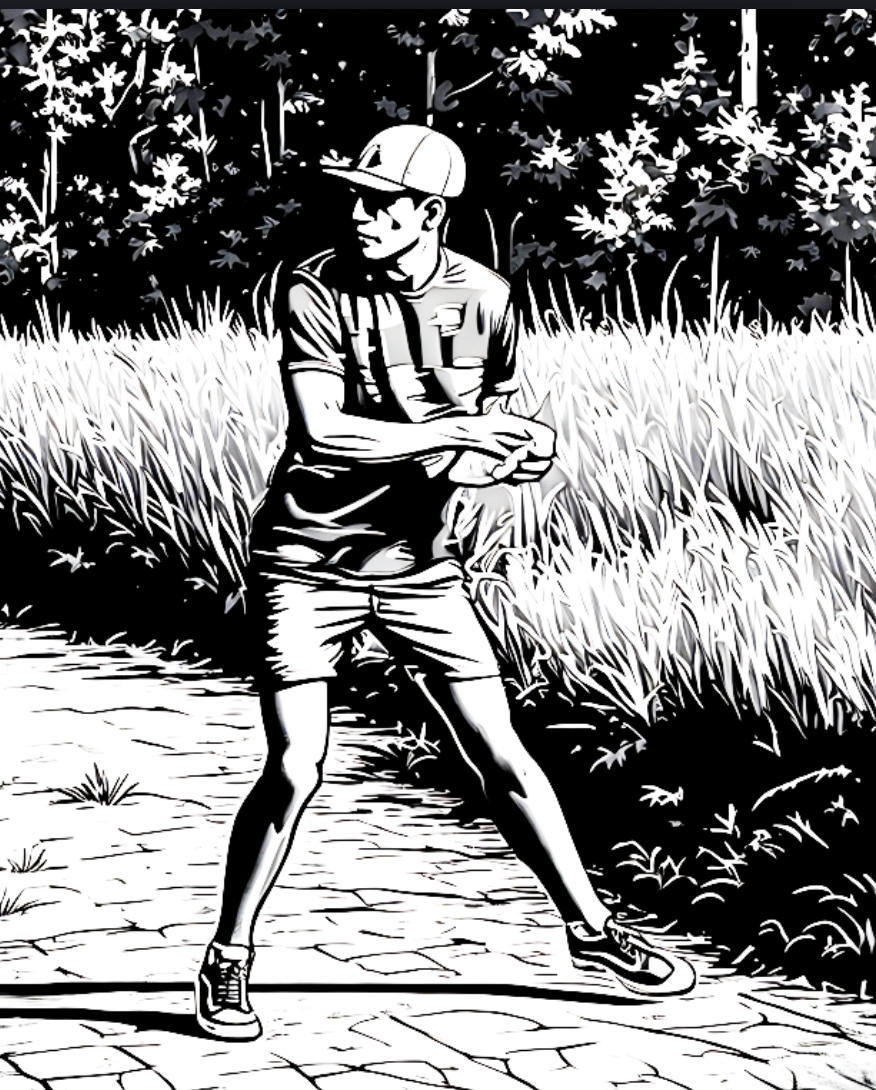 Disc golf athletic stance with shoulder-width feet, slight knee bend, and upright chest posture