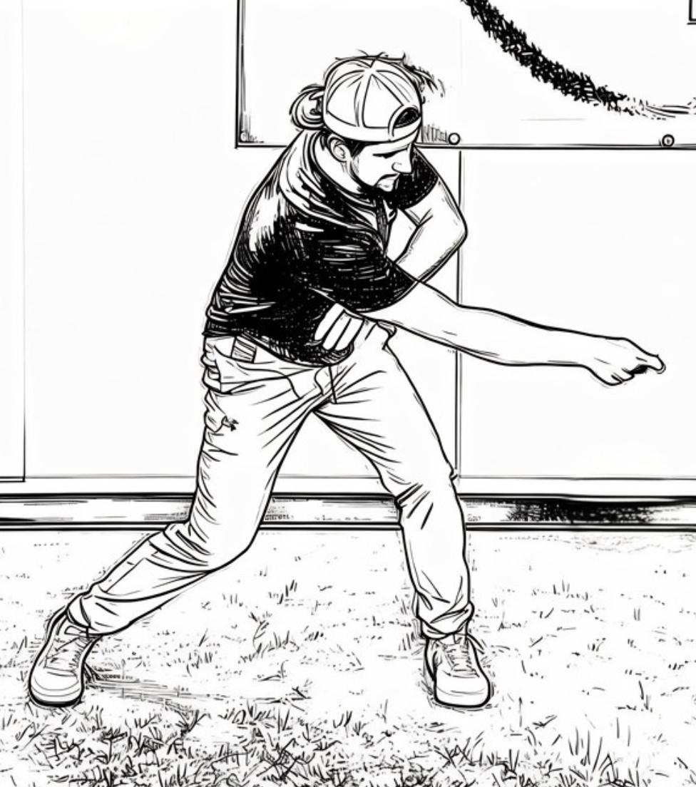 Disc golf core engagement sequence showing back-leg load, hip lead, and balanced forward transfer
