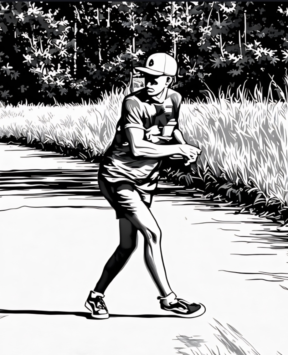 Disc golf x-step footwork sequence showing balanced crossover and plant timing